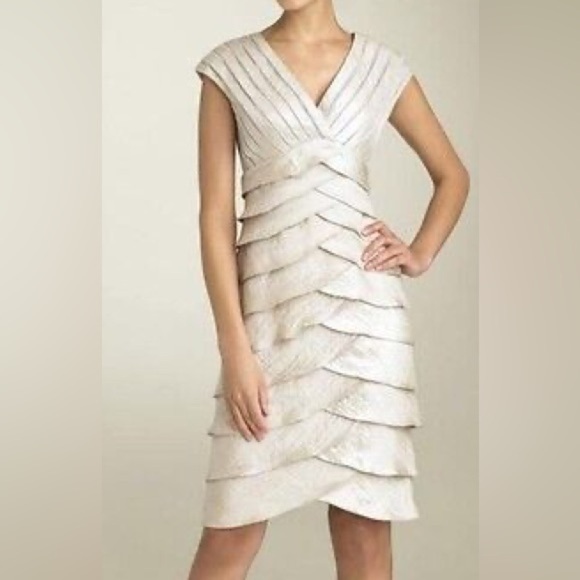 Adrianna Papell Dresses & Skirts - Adrianna Papell Neutral Champagne Tiered V Neck Cocktail Dress Size 4P